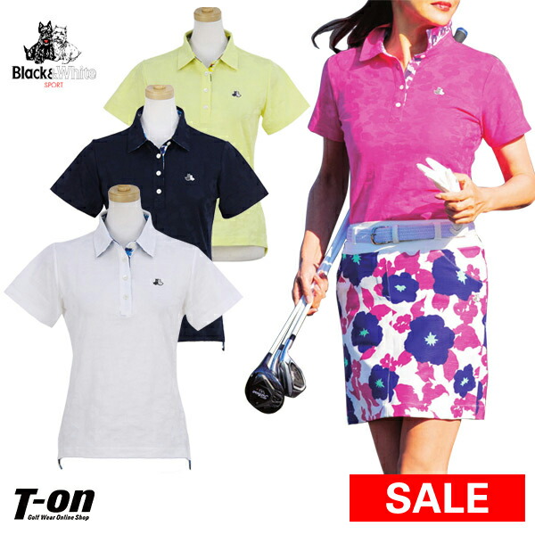 Black White ポロシャツ 30 Off レディース 吸水速乾 ストレッチ 30 Off 花柄 ブラック ホワイト 半袖ポロシャツ レディース Sale テリア犬刺繍 ブラック ホワイト リンクスジャガード フラワー柄 送料無料 19 春夏 新作 ゴルフウェア ｔ ｏｎ