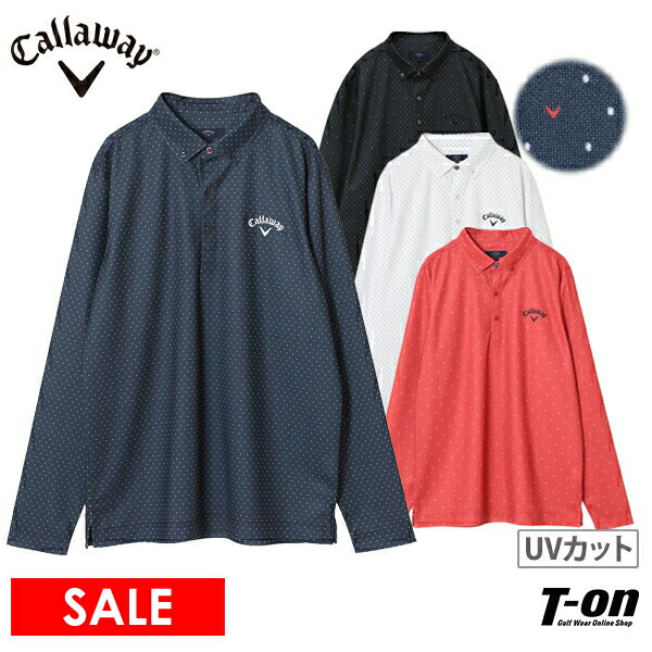 キャロウェイ アパレル 2022 APPAREL Callaway UVカット ゴルフ ゴルフウェア ドット柄プリント ボタンダウンシャツ ポロシャツ  メンズ ロゴ刺繍 吸汗速乾 新作 秋冬 長袖 鹿の子素材 当店だけの限定モデル ゴルフ