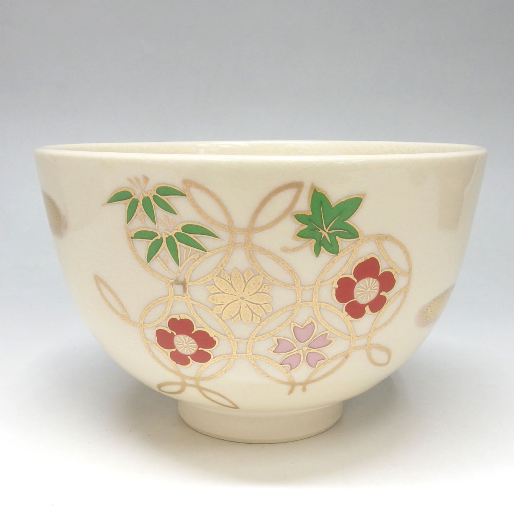 奉呈 茶道具 茶碗 丸紋 四季草花 中村華峰 新品未使用 