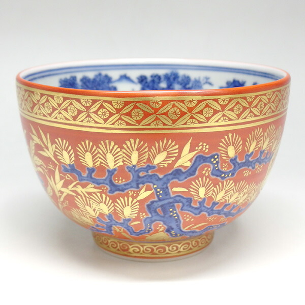 【茶道具 / 茶碗】 金襴手 松竹梅七宝 林 淡幽 作（桐箱）