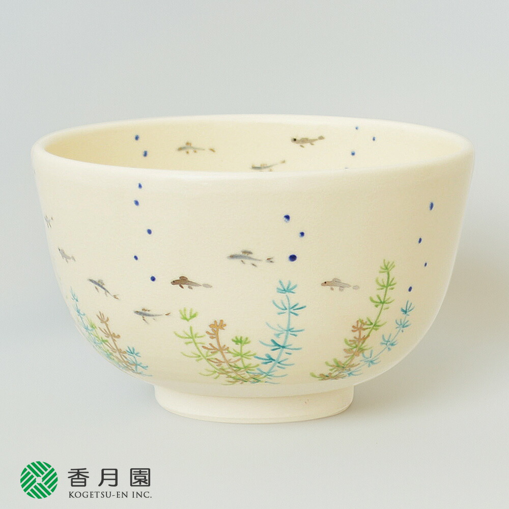 【茶道具 / 茶碗】色絵　水草にめだか　加藤起楽 作 (化粧箱)画像
