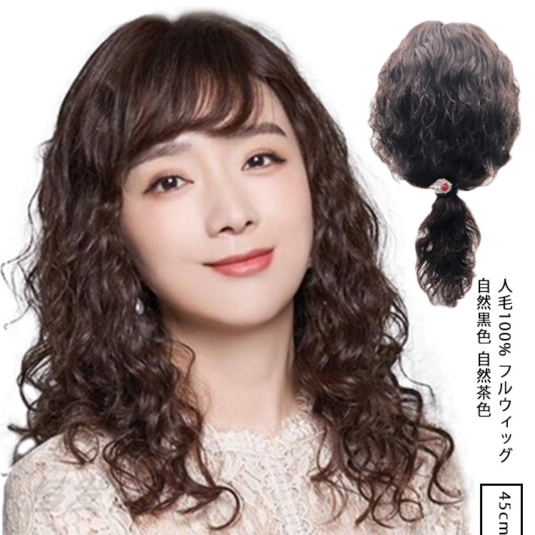 【送料無料】人毛100 ウィッグ フルウィッグ ロング パーマ 長さ 約45cm ウィッグ 女性 レディース 人毛 100％使用 ロング丈 ナチュラル 自然 つむじ 桂 小顔 ウィッグ 自然黒色｜TABERIC