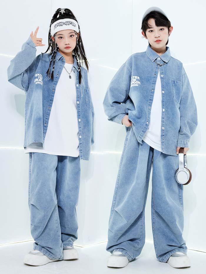 キッズダンス衣装 ヒップホップ キッズ デニムシャツ 白ｔシャツ ロングパンツ 上下セット 男の子 女の子 ダンスウェア ジャズ ダンス 衣装 hiphop おしゃれ 舞台 ステージ衣装 発表会 練習着 応援団 カッコイイ ダンス 服 演出服 団体服 120-180cm