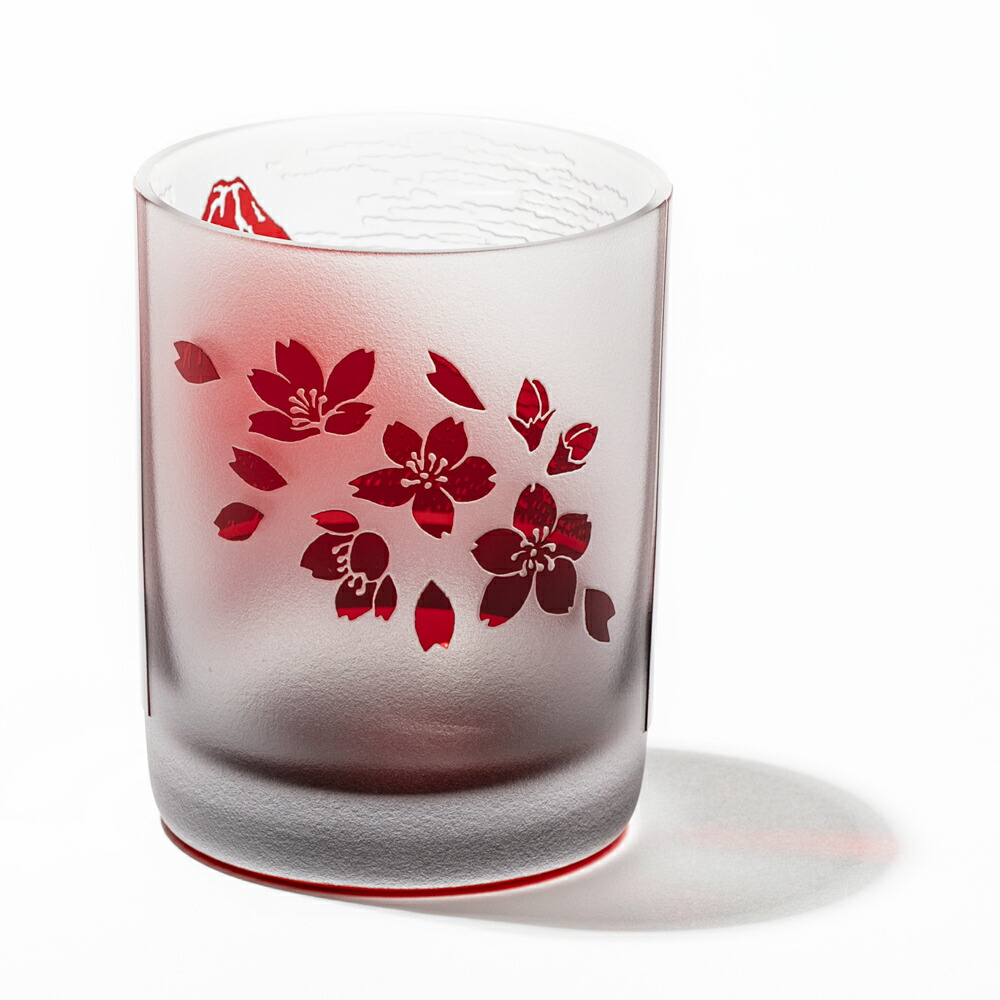 江戸硝子 赤富士 波富士に桜 ルリ 化粧箱入り オールドグラスペア 太武朗工房直販 赤