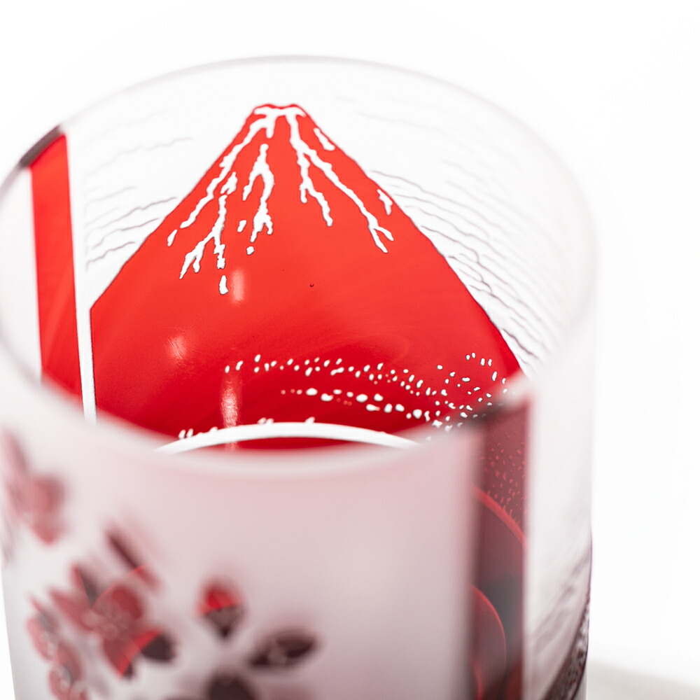 江戸硝子 赤富士 波富士に桜 ルリ 化粧箱入り オールドグラスペア 太武朗工房直販 赤