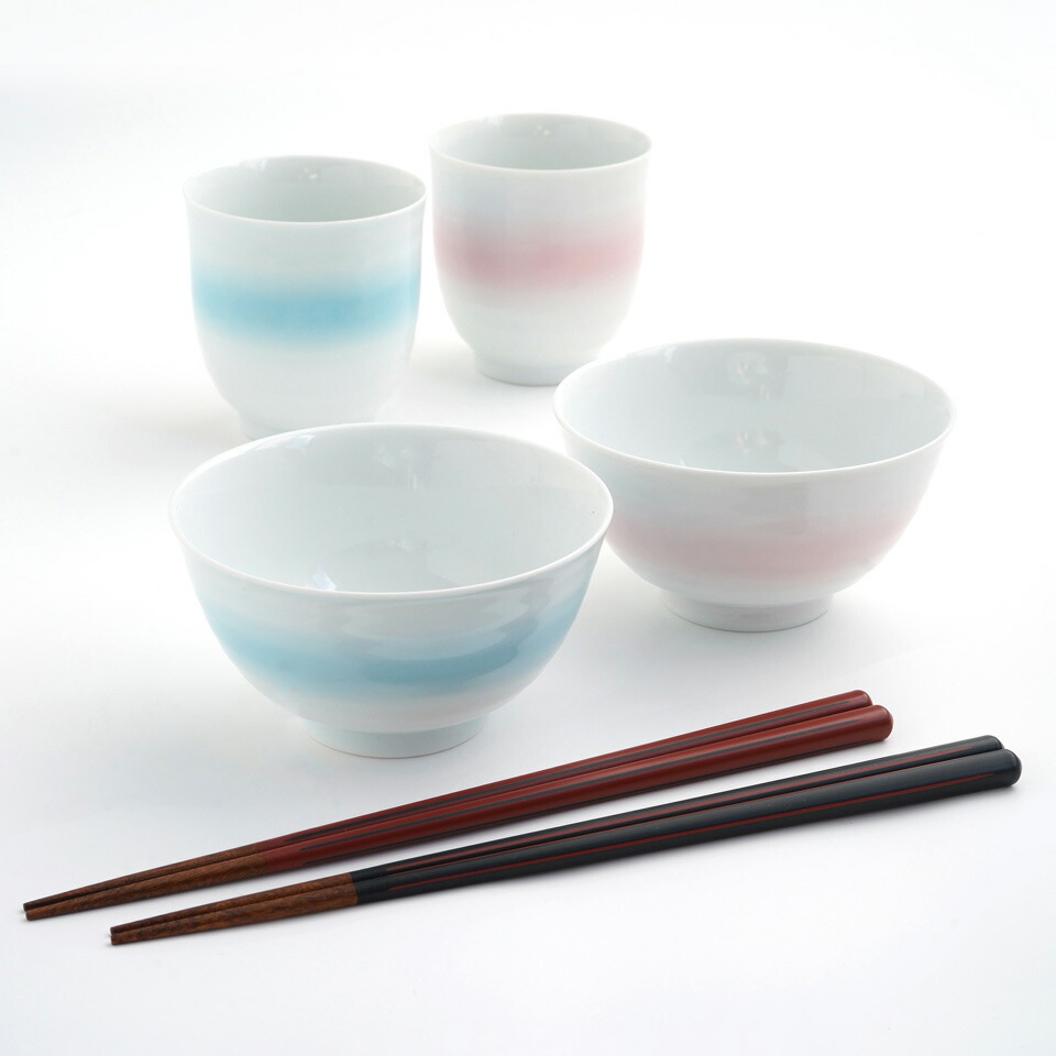 たち吉 幸 夫婦揃 茶碗：径10.5cm 湯呑：径7.5cm 満水容量約220ml 箸：長さ22.5cm 【茶碗・湯呑・箸各2】 波佐見焼 磁器 二人用  器 食器 おしゃれ 日本製 ブランド たちきち 記念日 誕生日 プレゼント ギフト 贈り物 ラッピング