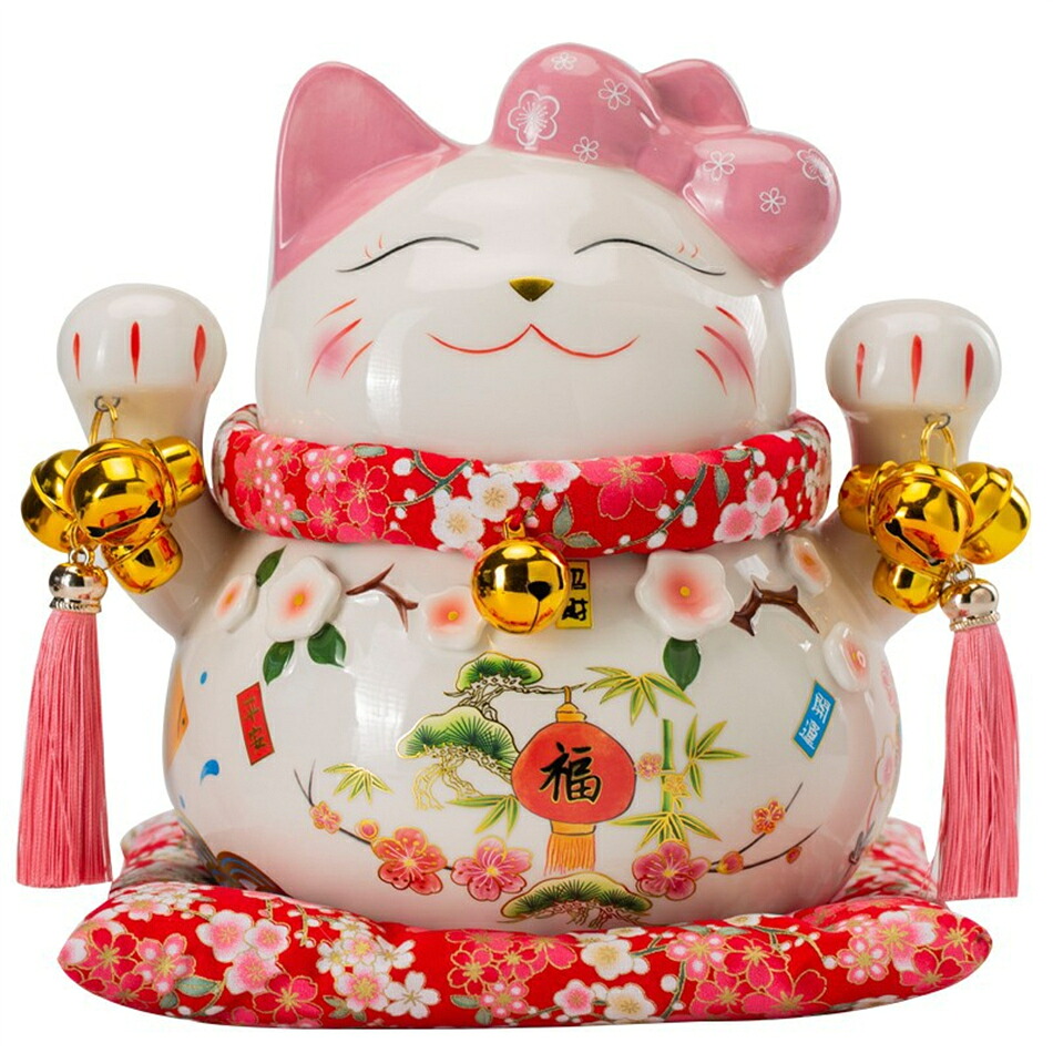 招き猫 プレミアム白磁製 松竹梅 大型 座布団付 貯金箱 磁器製 金運招財 まねき猫 手描き ハンドメイド ネコ ねこ 開店祝いや開業祝いに ラッキーアイテム 運気向上 金運アップ (3サイズ [松竹梅])