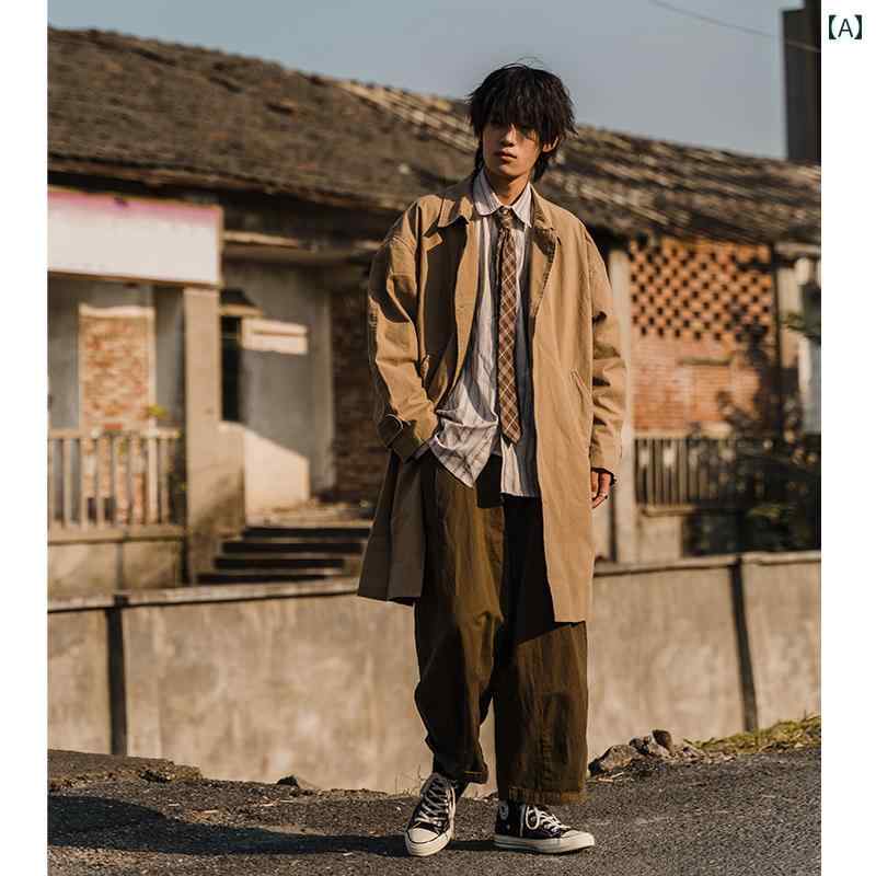 ウィンドブレーカーメンズ 秋の新 ロング カジュアル ラージ コート ミディアムレングスコート ゆったりとした ストレート おしゃれ カーキ ブラック ｜暮らしのお手伝い