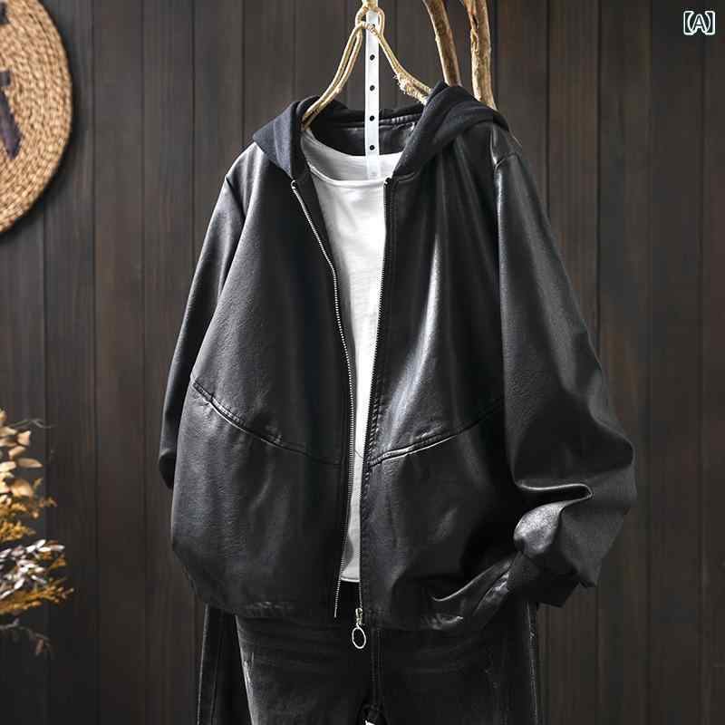 ジャケット レディース 秋服 アウター ブルゾン ジャンパー フェイクレザー PUレザー フード付き 長袖 ゆったり 大きいサイズ 体型カバー 着痩せ カジュアル 無地 ポケット付き 立ち襟 防風 防寒 おしゃれ 通勤 通学 普段使い オーバーサイズ ビ｜暮らしのお手伝い