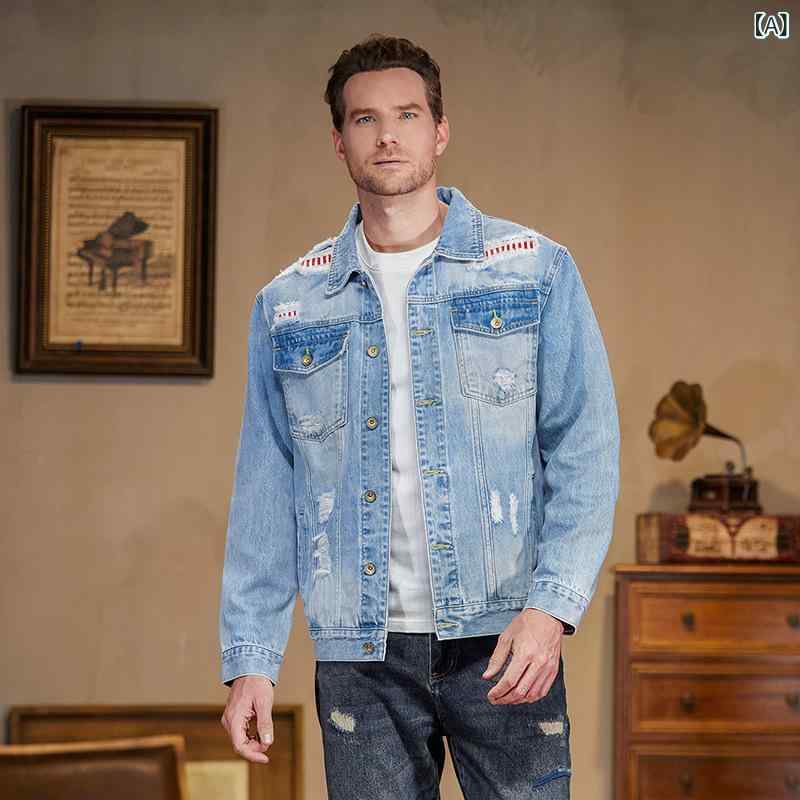 デニムジャケット メンズ 男性用 アウター トップス 長袖 折り襟 カジュアル ヴィンテージ加工 ダメージ加工 パッチワーク風 ジーパン素材 ゆったり ビッグシルエット 体型カバー 大きいサイズ プラスサイズ 春秋用 ポケット付き デニム生地 おしゃれ |暮らしのお手伝い