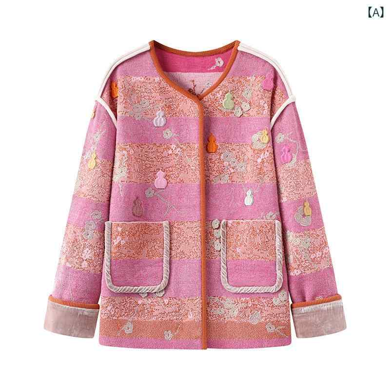 カーディガン レディース 春物 ニット トップス 長袖 クルーネック ゆったり 羽織り アウター 刺繍 花柄 刺・墸 配色 切り替え かわいい レトロ カジュアル 重ね着 体型カバー 大きいサイズ ゆったりシルエット 着痩せ 細見え お腹周り 二の腕カバー ｜暮らしのお手伝い