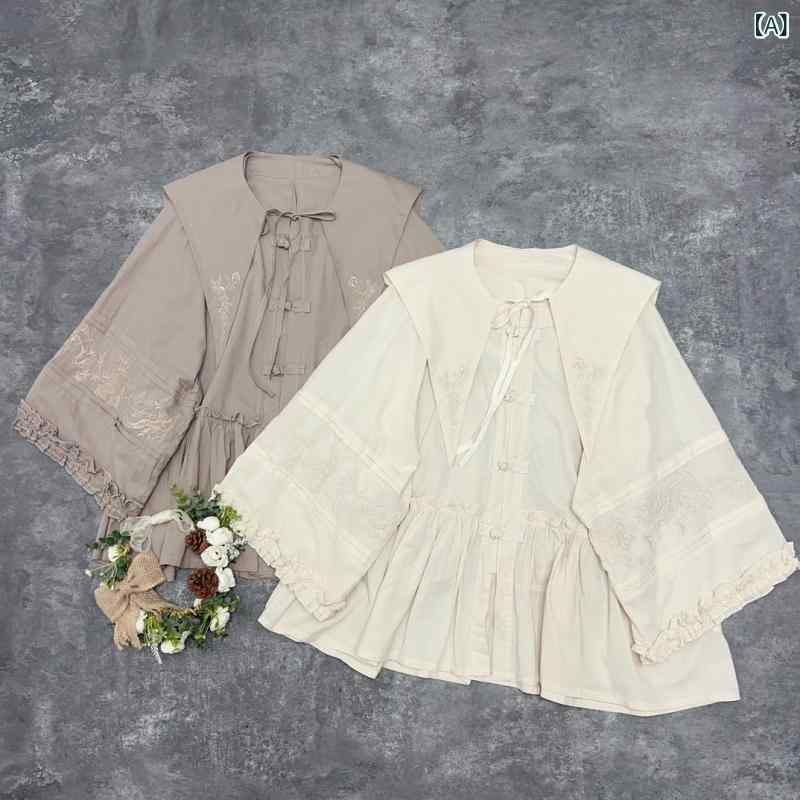 ブラウス レディース 秋冬 長袖 立ち襟 トップス 重厚感 刺繍入り 新中式 宮廷風 チャイナドレス風 ショール付き 取り外し可能 体型カバー ゆったり 着痩せ 無地 大人かわいい エレガント 普段使い 通勤用 薄手 再生繊維 伸縮性 高級感 ホワイト系｜暮らしのお手伝い