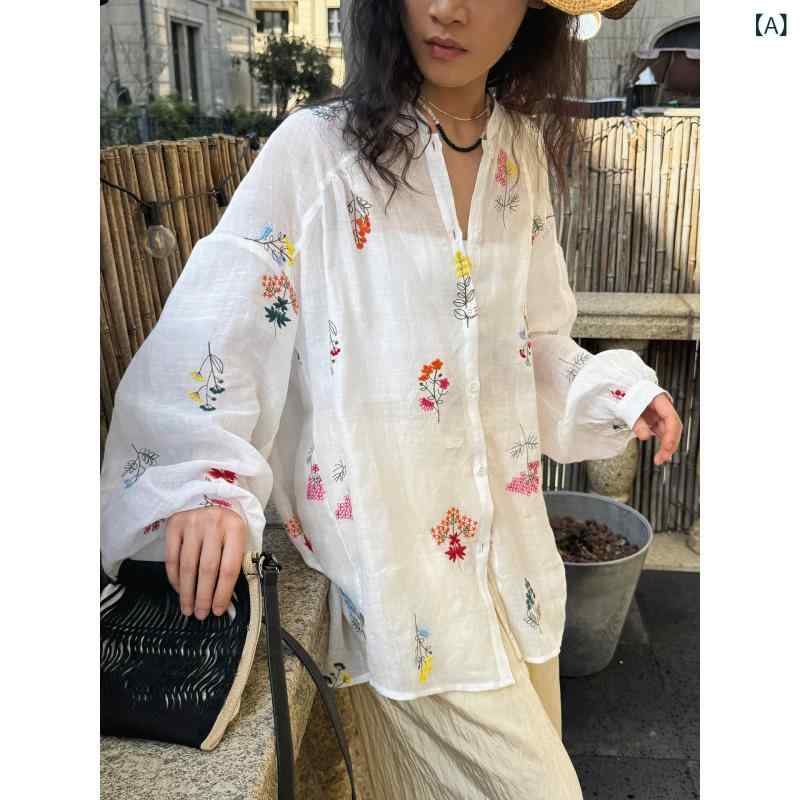 ブラウス レディース 春夏 長袖 刺繍 ランタンスリーブ ラミー リネンシャツ トップス フレンチスタイル リゾートスタイル カジュアルシャツ ゆったり 涼しい 通気性 快適 軽い 自然素材 爽やか 軽やか オシャレ 上品 お出かけ 普段使い デイリー |暮らしのお手伝い
