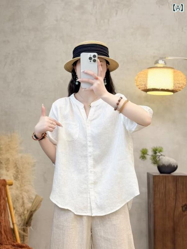 シャツ レディース トップス 半袖 ブラウス 無地 リネン 麻 前開き ゆったり 大きいサイズ 体型カバー 着痩せ 体系カバー プラスサイズ 襟付き ボタン留め カジュアル シンプル ナチュラル スタイルアップ 通気性 吸湿速乾 快適 涼しい 冷房対策 |暮らしのお手伝い