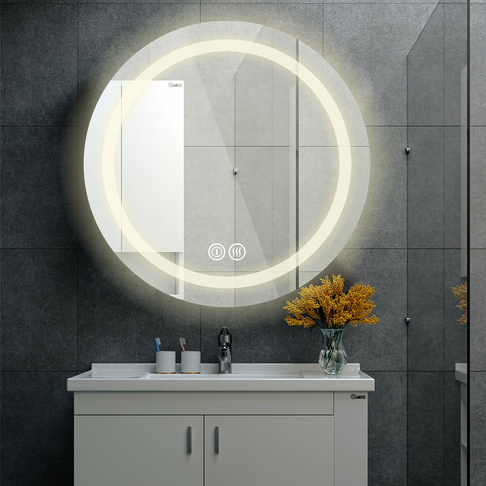 女優ミラー LED 壁掛け ライト付き 丸型ミラー 三色調光 調色 暖色 白色 60X60cm 浴室用化粧鏡 浴室鏡 洗面所 洗面鏡 LEDミラーライト  明るい 曇り止め機能 メイク おしゃれ 照明 コンパクト 円型 美容室 メイクアップ オシャレ 鏡