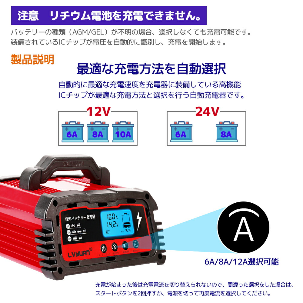 自動バッテリー充電器 緊急時 全自動 スマートチャージャー 6a 8a Agm 自動車 小型船舶など Lvyuan 建設機械 Pse認証済み 24v対応 12v Gel車充電可能 10a設定可能 日本語説明書 鉛酸電池 農機 バッテリー診断機能付 22正規激安 60 割引 Saferoad Com Sa