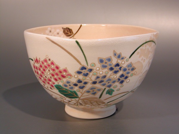 茶道具　抹茶茶碗 掛分　紫陽花（あじさい）絵 山川敦司作（tm6）