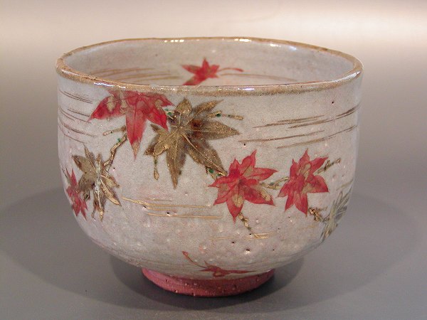 茶道具 抹茶茶碗乾山写 槭樹絵京焼 中村秋峰作、桐共箱 新品。