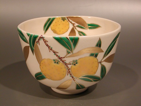茶道具 抹茶茶碗 色絵 柿画、京焼 相模竜泉作、桐共箱 新品