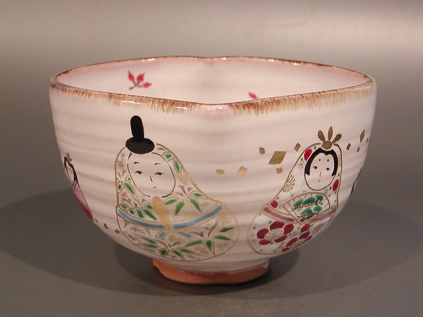 茶道具　抹茶茶碗 桃形　雛（ひな）絵 京焼　秋峰窯　中村良二作
