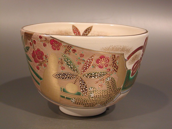 茶道具 抹茶茶碗 色絵 庭梅（輪生梅--りんしょうばい）、相模