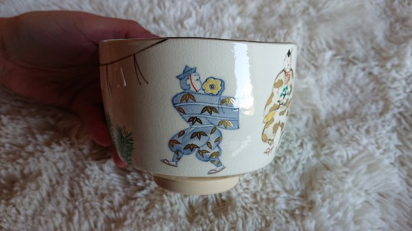 茶道具 抹茶茶碗 色絵 萬才(まんざい)の図 京都 九代 高橋道八作