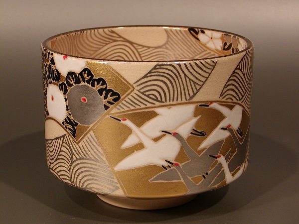 茶道具　抹茶茶碗色絵　扇面流水　プラチナ釉京都　水無月窯藤谷芳哉（ふじたに　ほうさい）作｜佐藤大観堂