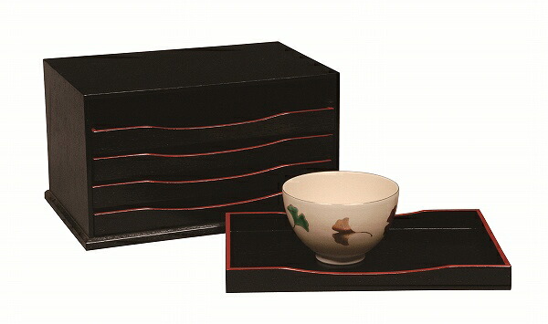 茶道具　菓子器、五重盆　黒掻合塗(木製)、一人分の点出し盆　5枚組、和風喫茶　抹茶等の接客にも最適！　※茶碗は別売です。｜佐藤大観堂