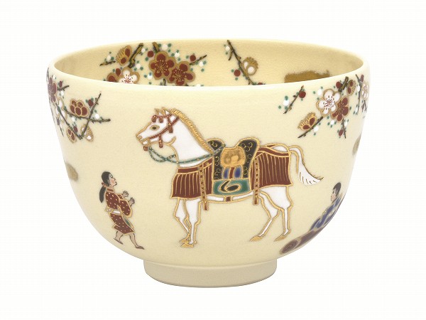 茶道具・茶器 抹茶茶碗、干支「午」「馬・うま」、御題「明（めい）」、仁清 神馬、京焼 田中万祥作、桐共箱 新品。