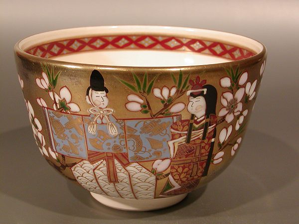 茶道具 抹茶茶碗 色絵 立雛画、京都 相模竜泉作、桐共箱 新品