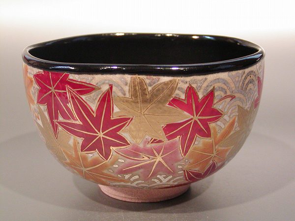 茶道具　抹茶茶碗 青海波　紅葉 壱休窯　窪田常之作
