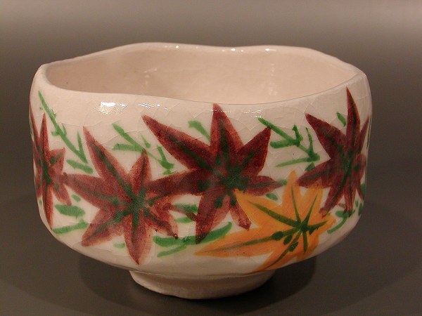 海外輸入 工芸品 民芸品 抹茶茶碗白楽 紅葉絵七世 川崎和楽作 Dgb Gov Bf