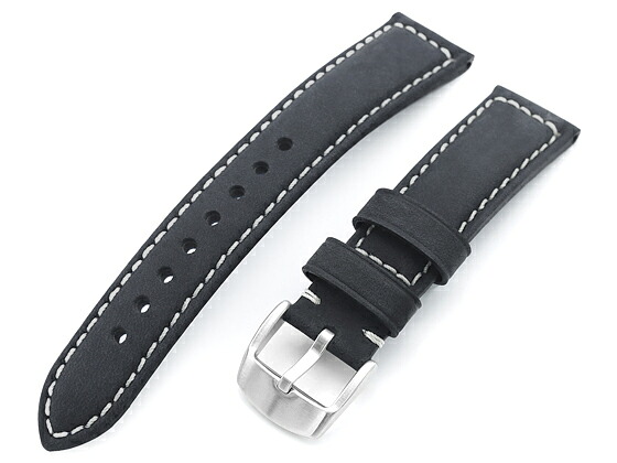 20mm MiLTAT 時計ベルト ヌバックレザー チャコールブラック グレーステッチ ブラッシュドバックル