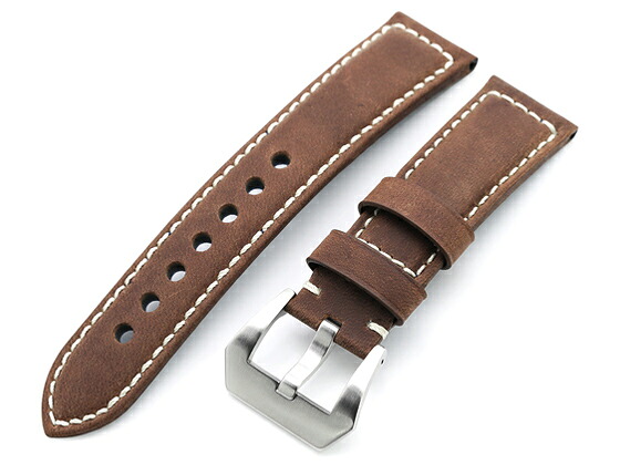 24mm MiLTAT 時計ベルト ヌバックレザー マッドブラウン ベージュステッチ ブラッシュドバックル パネライ44mm