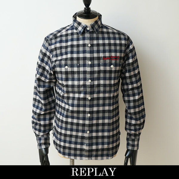 REPLAY(リプレー)フランネルコットンチェックシャツブルー系M4150 000 52824 010 カジュアルシャツ-トップス-メンズファッション