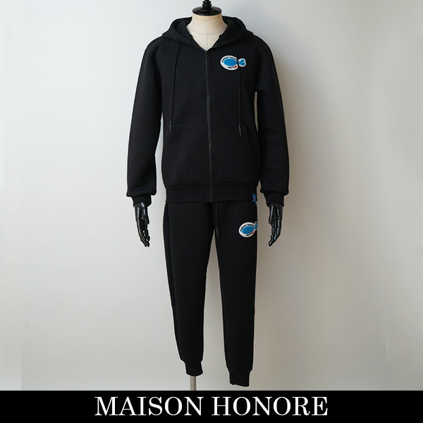 MAISON HONORE(メゾンオノレ)セットアップ黒いことfish patch cardboard zip hoodie/fish patch cardboard pante