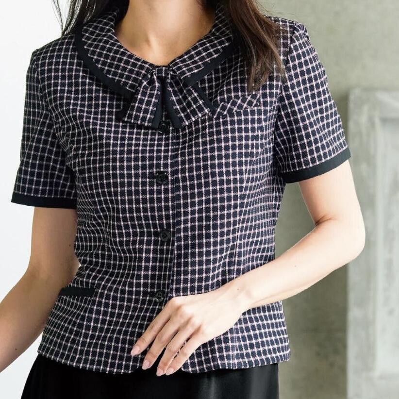 【お買い物マラソン最大P5倍＆200円OFFクーポン】アンジョア オーバーブラウス（リボン付） 26255 制服 ユニフォーム 事務員 受付 通勤 オフィス 仕事服 大きいサイズ 接客 カウンターレディ 女性用 フォーマル enjoie アンジョア