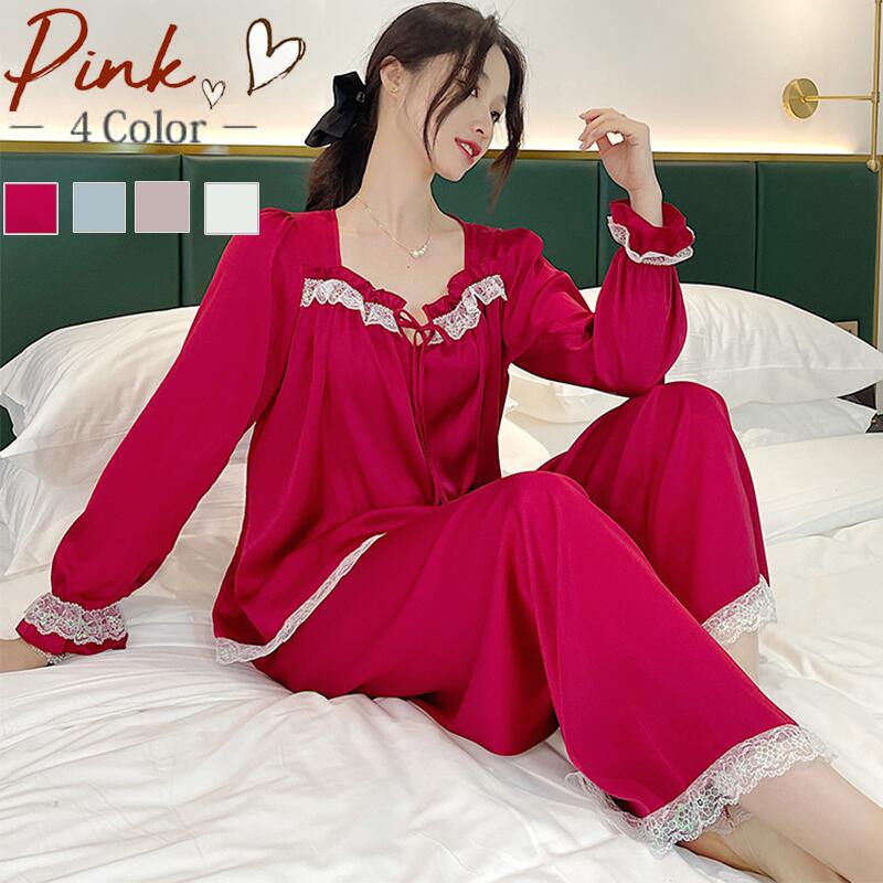 送料無料 ルームウェア レディース 春夏秋 サテン パジャマ ナイトウェア 前開き 上下セット 長袖長ズボン かわいい 部屋着 通気性 上品な光沢感 なめらかな肌触り カジュアル 着痩せシルエット イベント M L 2l 73 Off