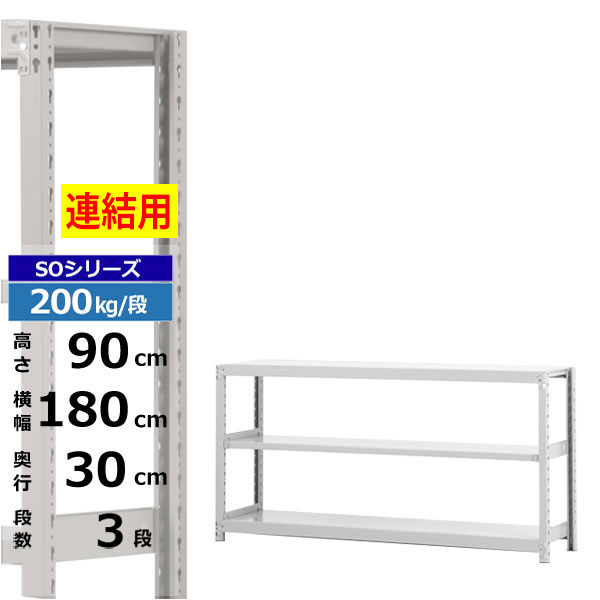 【クーポンあり】スチールラック 幅180 奥行30 高さ90 3段 ホワイトグレー 増連形式 200kg/段 SOシリーズ業務用 スチール棚 ボルトレス 軽中量棚 ラック 棚 収納棚 収納ラックオープンラック スチールシェルフ 整理棚 送料無料｜スチールラック物流機器の太陽設備