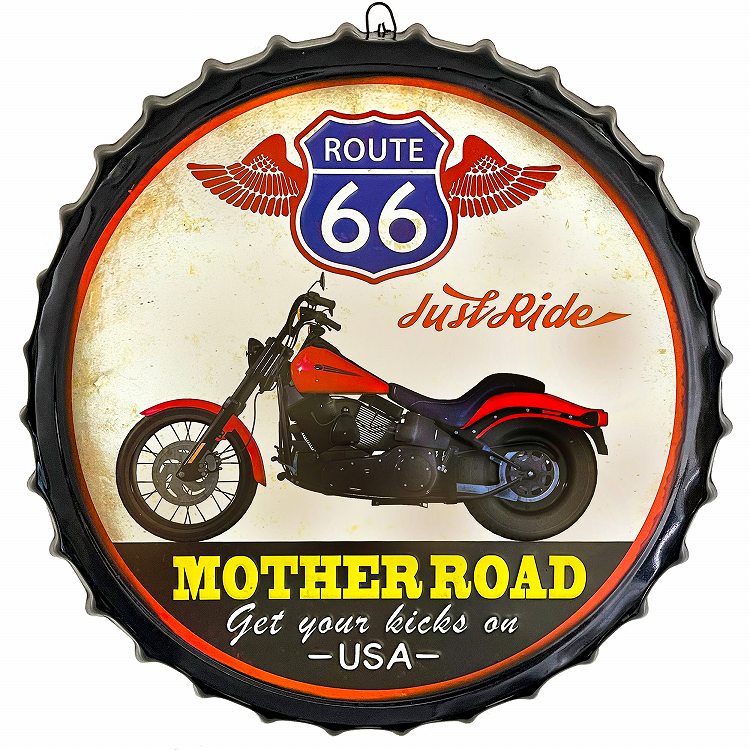 ブリキ看板 大型 50eu ルート66 アメリカンバイク レッド ポスター インテリア Route66 マザーロード ガレージ 車庫 Diy イラスト おしゃれ ビンテージ風 ヴィンテージ風 アメリカン雑貨 円形 王冠型 丸型 凸凹 50cm 大きい Christine Coppin Com