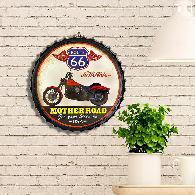 ブリキ看板 大型 50eu ルート66 アメリカンバイク レッド ポスター インテリア Route66 マザーロード ガレージ 車庫 Diy イラスト おしゃれ ビンテージ風 ヴィンテージ風 アメリカン雑貨 円形 王冠型 丸型 凸凹 50cm 大きい Rvcconst Com