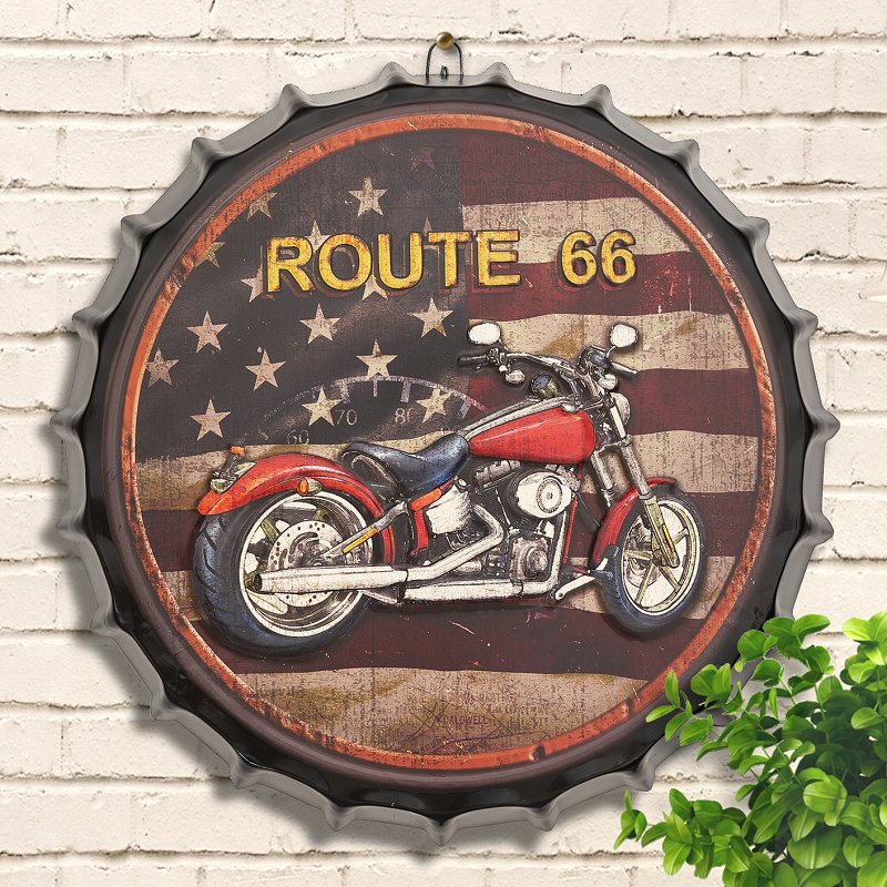 ブリキ看板bc42eu ルート66 Route66 おしゃれ アメリカンバイク アメリカン雑貨 イラスト インテリア雑貨 オートバイ ガレージ プレート ポスター マザーロード モダン ヴィンテージ風 個性的 壁掛け 大型 星条旗 王冠型 約40cm 絵 絵画 車庫 金属アートパネル あすつく