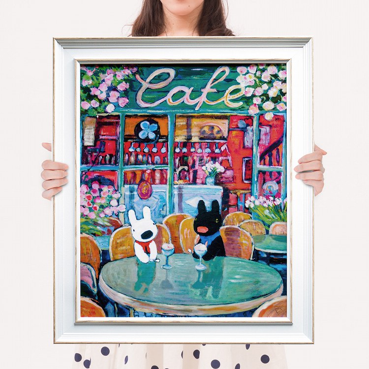 リサとガスパール グッズ アートフレーム67 春のカフェ インテリア ポスター 絵画 額入り 油絵 かわいい 犬 うさぎ Cafe カフェ風 純喫茶店 緑色 おしゃれ 癒し系 キャラクター 店舗用 大きい 大型 特大 50cm 60cm サイズ Rvcconst Com