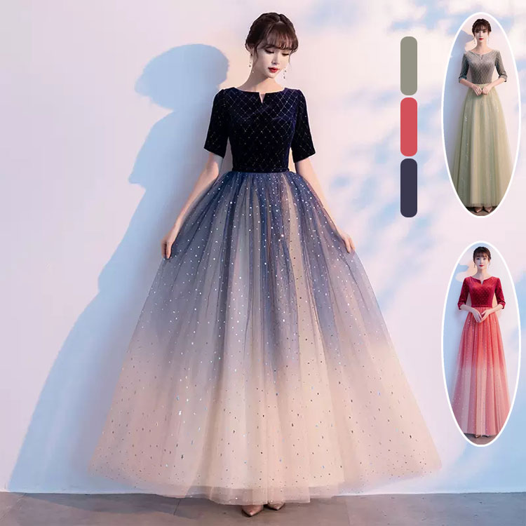 キラキラ 星柄 シフォン パーティードレス ロング Aライン 韓国 chen-dress112-11.jpg