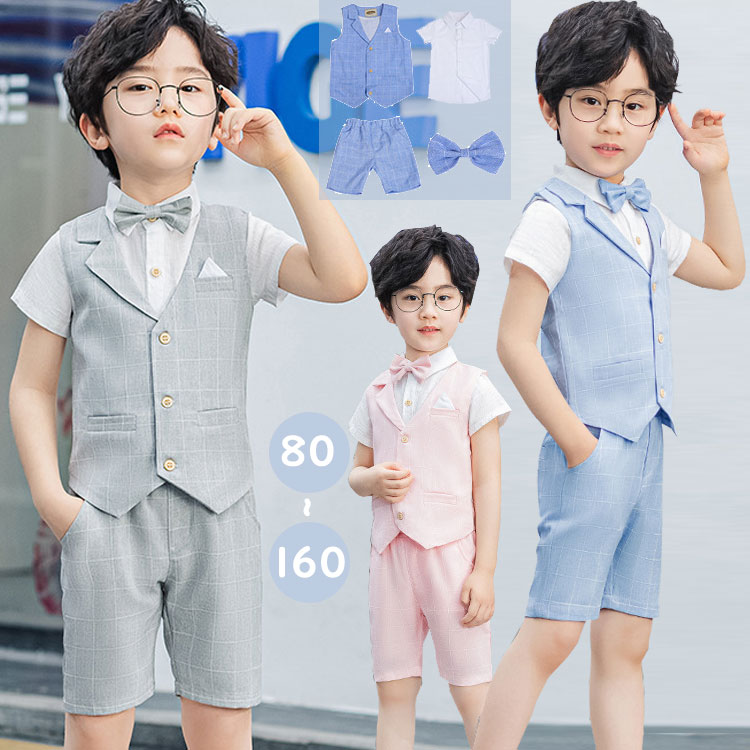 894円 バーゲンセール 4点セット 子供スーツ ベビー服 キッズ 男の子 フォーマル スーツ シャツ ベスト 半袖 子供服 夏服 上下セット 洋服  短袖 七五三 赤ちゃん セットアップ おしゃれ 入園式 結婚式 入学式 卒園式 卒業式 ジュニア 発表会 お出かけ お呼ばれ80 90 100