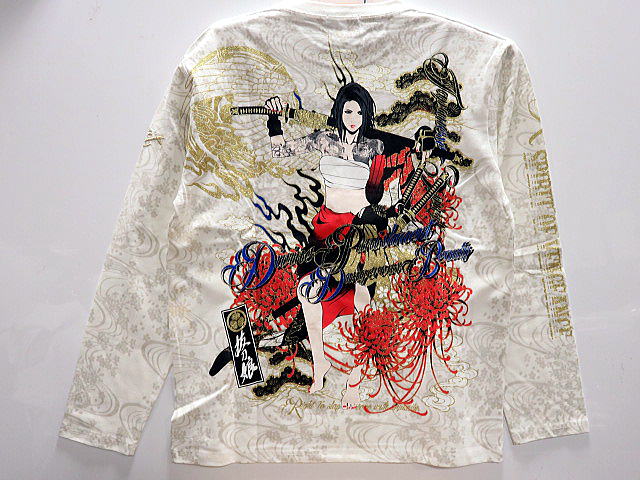 カラクリ魂　和柄　抜刀娘　葵  長袖Tシャツ　 KARAKURI 楽天市場】絡繰魂 和柄 抜刀娘 長袖Tシャツ 葵＆凛＆結愛 天下布武