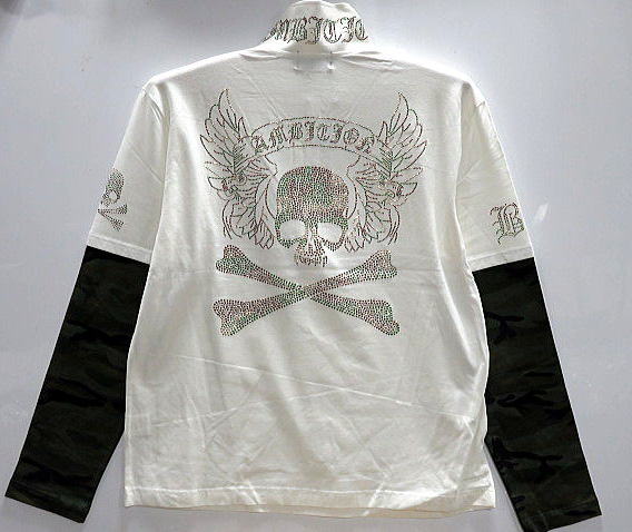 大きいサイズ　BE AMBITION   百合＆ロゴ エンボス加工 長袖Tシャツ 　ビーアンビション 大きいサイズ BE AMBITION 百合＆ロゴ エンボス加工 長袖Tシャツ ビー