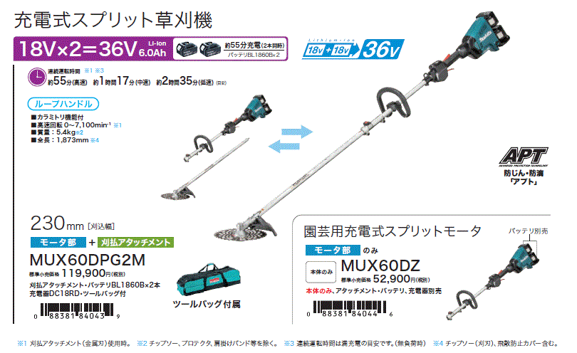 マキタ Makita 充電式スプリット草刈機 バッテリ2本 18V 18V→36V 6.0Ah MUX60DPG2M 充電器付