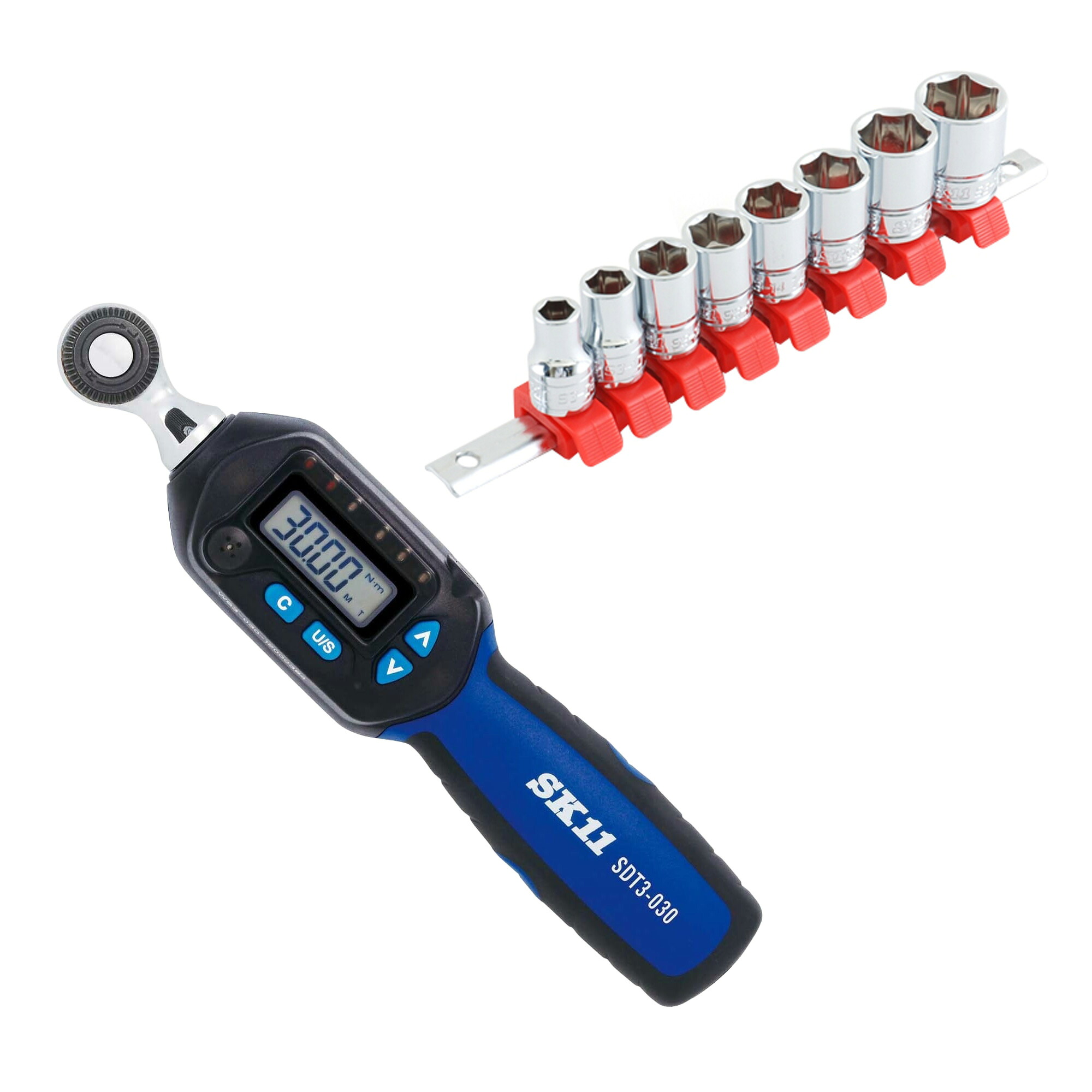 SK11(藤原産業) デジタルトルクレンチ SDT3-030 + ソケットセット SHS308M 差込角9.5mm 測定範囲1.5~30N・m 高精度±3% 8個組ソケット付属 車・バイク整備に最適|高橋本社 店