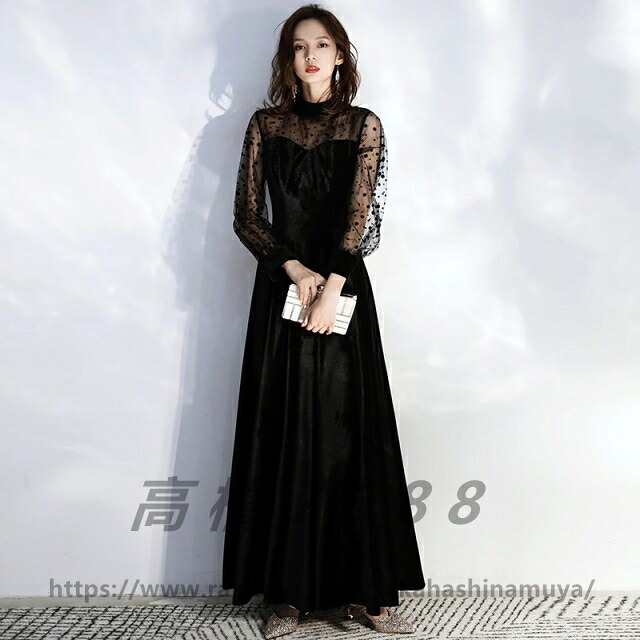 パーティードレス ロング 袖あり 結婚式 お呼ばれ ドレス シースルー袖 長袖 ロングドレス 黒 大きいサイズ 3L 4L 小さいサイズ 韓国 ワンピース スタンドカラー ハイネック Aライン フレア 20代 30代 40代｜高橋7688